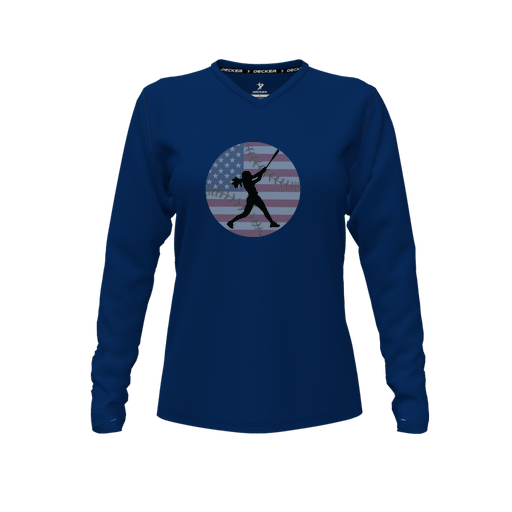 [CUS-DFW-TEES-CMF-VNK-LSL-NVY-FYXS-LOGO2] Decker Comfort T-Shirt (Female Youth XS, Navy, V Neck, Logo 2, Long Sleeve)