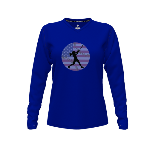 [CUS-DFW-TEES-CMF-VNK-LSL-RYL-FYXS-LOGO2] Decker Comfort T-Shirt (Female Youth XS, Royal, V Neck, Logo 2, Long Sleeve)